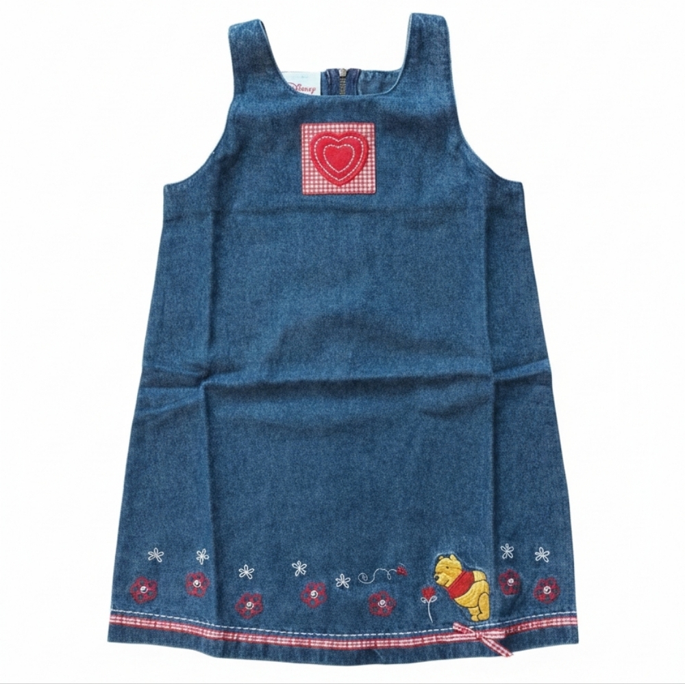 Vintage Disney Blue Denim Winnie the Pooh Gingham Jumper Dress Size 4-5